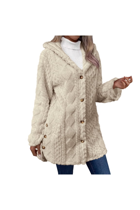 Sweater Jackets For Women Hooded V Neck Button Down Knitted Jacquard Cardigan Winter Casual Fuzyy Long Shacket (XL, Beige)