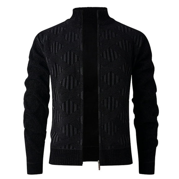Sweater Jackets for Men 2025 Fall Winter Stand Collar Zip Up Knit Jacquard Jackets Stylish Casual Stretchy Outwear (Black,M)