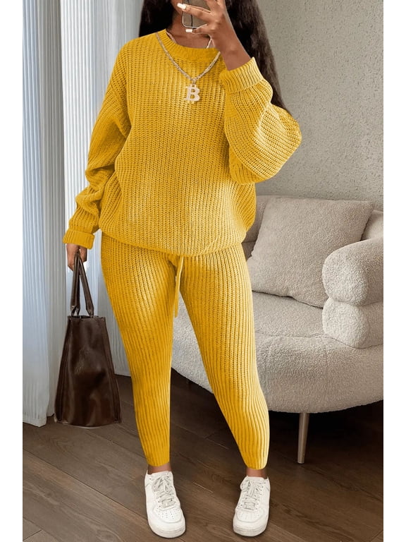 Sweater Lounge Sets for Women 2 Piece Long Sleeve Knit Set | Soft knit fabric, long sleeve pullover top and pants set, cozy 2 piece outfit for women, ideal for lounge, travel