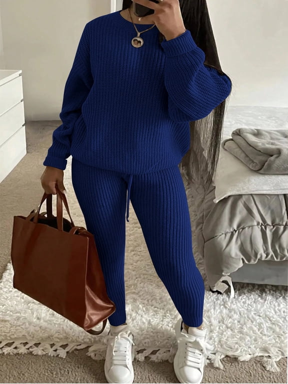 Sweater Lounge Sets for Women 2 Piece Long Sleeve Knit Set | Soft knit fabric, long sleeve pullover top and pants set, cozy 2 piece outfit for women, ideal for lounge, travel