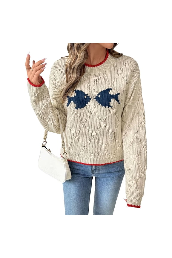 Sweater Pullover Long Sleeve Crew Neck Oversized Knit Aesthetic Sweatshirt Cute Fish Preppy Jumper Top Color M