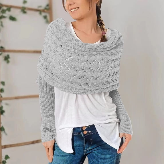 Sweater Scarf with Sleeves for Women Multi-Use Knitted Cable Wrap Shrugs Crochet Fashion Shawl Cape