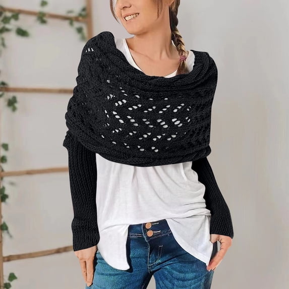 Sweater Scarf with Sleeves for Women Multi-Use Knitted Cable Wrap Shrugs Crochet Fashion Shawl Cape