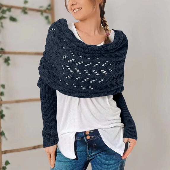Sweater Scarf with Sleeves for Women Multi-Use Knitted Cable Wrap Shrugs Crochet Fashion Shawl Cape