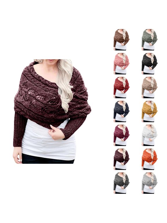 Sweater Scarf with Sleeves for Women Solid Color Fall Winter Hollow out Cable Knit Soft Shawl Wraps Shrugs Cape
