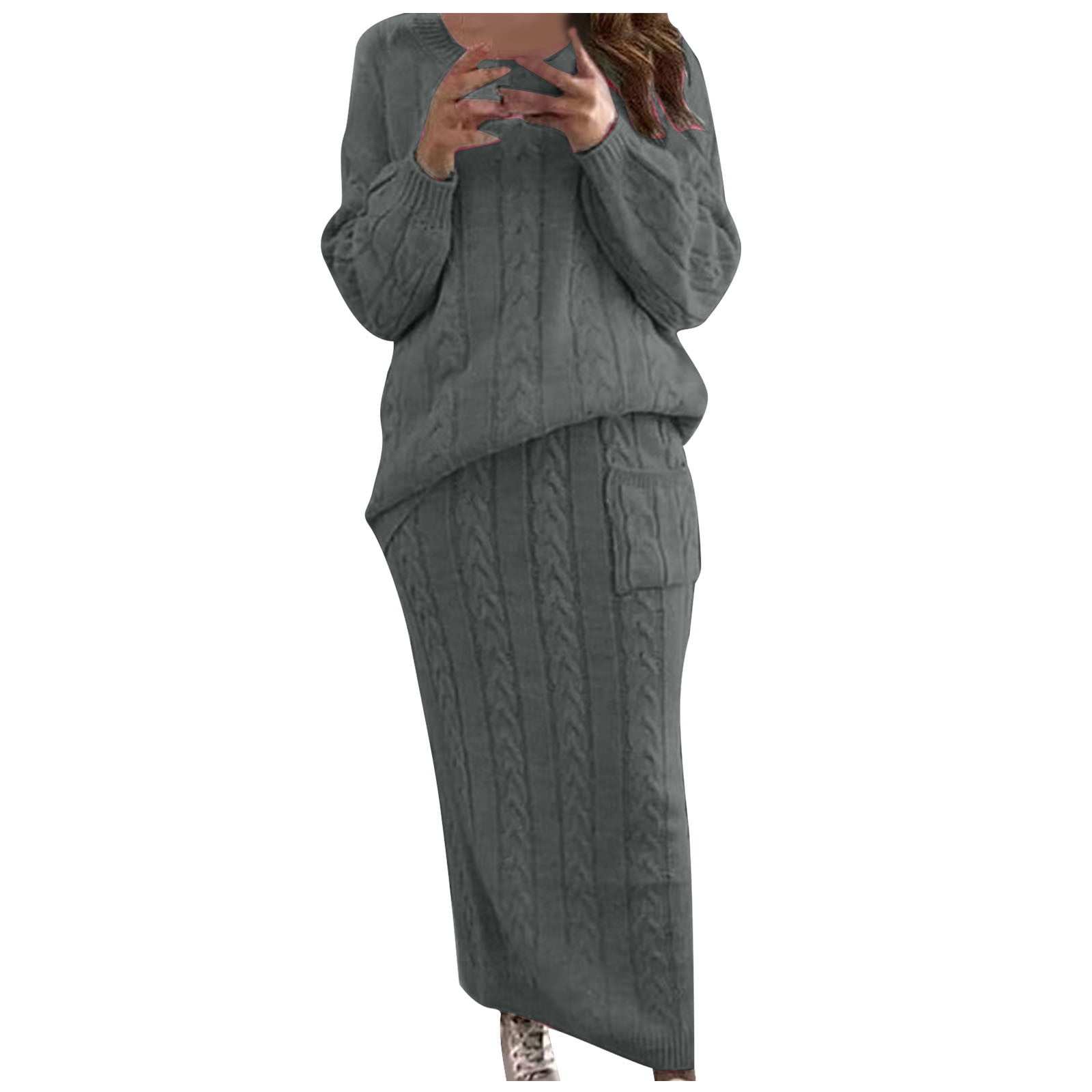 Sweater Sets Women 2 Piece Outfits Maxi Skirt and Long Sleeve Cable ...