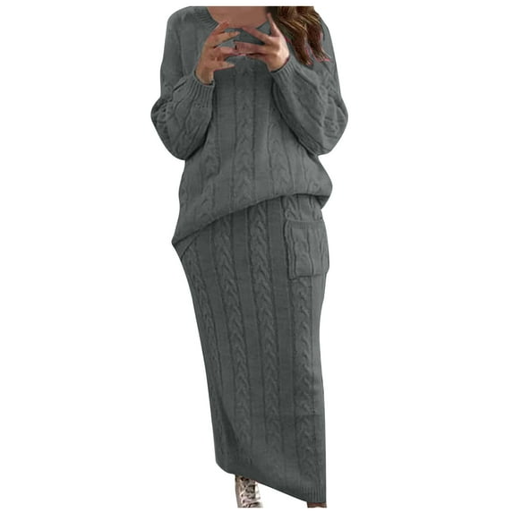 Sweater Sets Women 2 Piece Outfits Maxi Skirt and Long Sleeve Cable Knit Pullover Top Stretch Warm Knitwear (Small, Dark Gray)