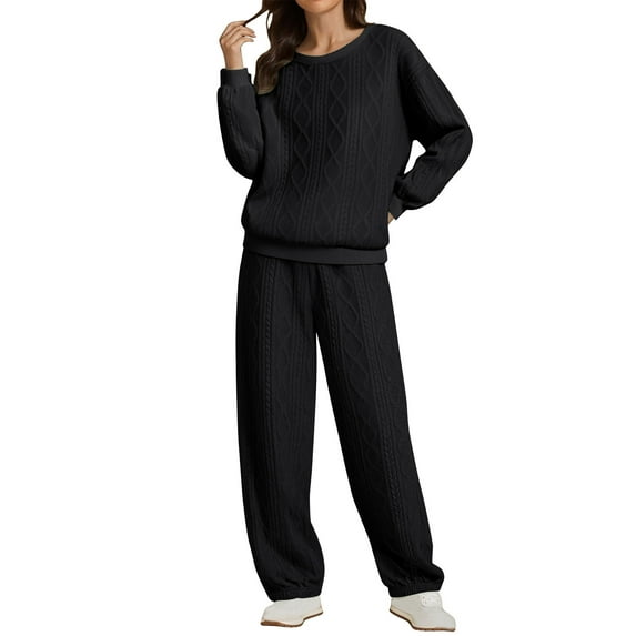Sweater Sets for Women 2 Piece Cable Knitted Lounge Outfits Long Sleeve Crewneck Pullover and Jogger Pants Loose Fit (L, Black)