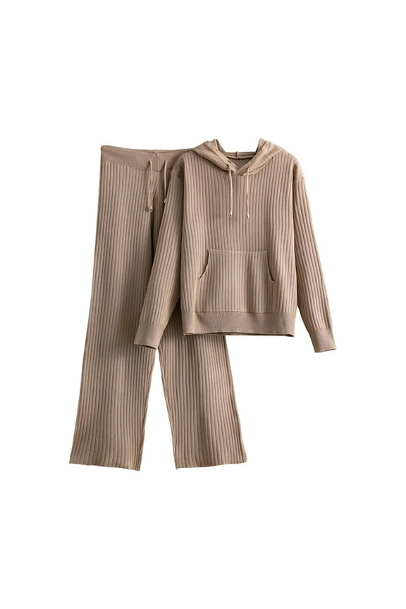 Sweater Sets for Women 2 Piece Knit Sweatsuits Ribbed Sweaters Pullover Wide Leg Pants Casual Loungewear, Free Size