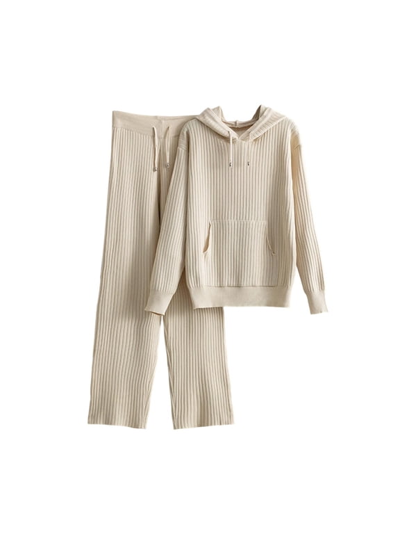 Sweater Sets for Women 2 Piece Knit Sweatsuits Ribbed Sweaters Pullover Wide Leg Pants Casual Loungewear, Free Size