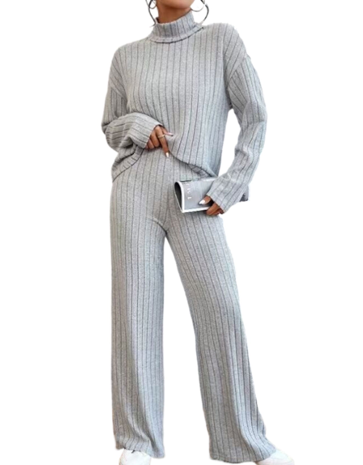 Sweater Suit For Women 2 Piece Set Turtleneck Sweater Ribbled Knitted ...