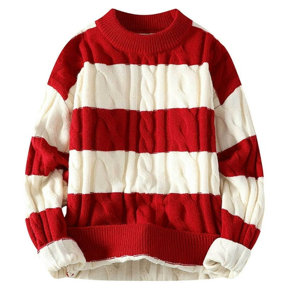 Sweater Tops For Men Crewneck Loose Thickened Striped Knit Mens Casual Sweaters,Red,XL