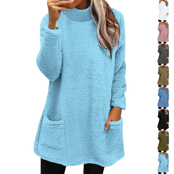 Sweater Tops For Women Women's High Collar And Winter Pocket Warm Solid Long Sleeve Top Clothes Blue XL