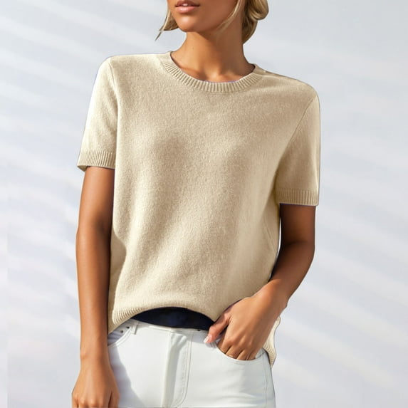 Sweater Tops for Women Short Sleeve Going Out Tshirts Tee Blouse Women's Round Neck Short Sleeved Loose T Shirt with A Knit Bottom Short Top Knit Tops for Women Beige2 S