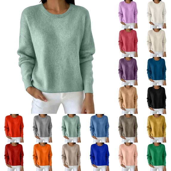 Sweater Tops for Women Zaewscy Women Winter Solid Crew Neck Long Sleeve Straight Pullover Top Green2 S