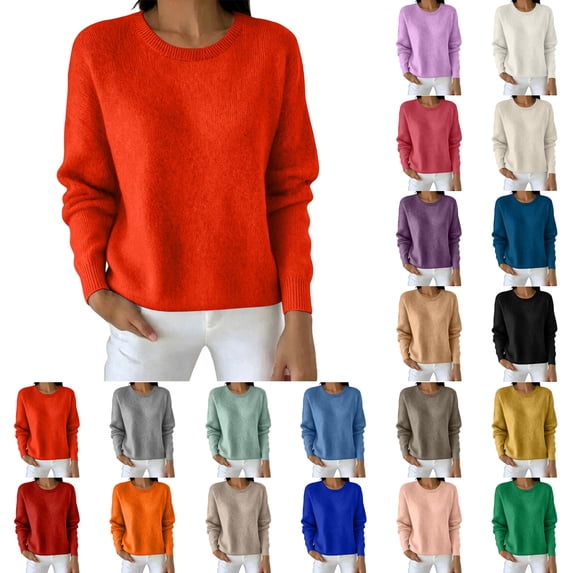 Sweater Tops for Women Zaewscy Women Winter Solid Crew Neck Long Sleeve Straight Pullover Top Red S