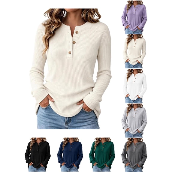 Sweater Tops for Women Zaewscy Women's Henley Neck Button Ribbed Knit Long Sleeve Loose Pullover Sweater Beige XXL