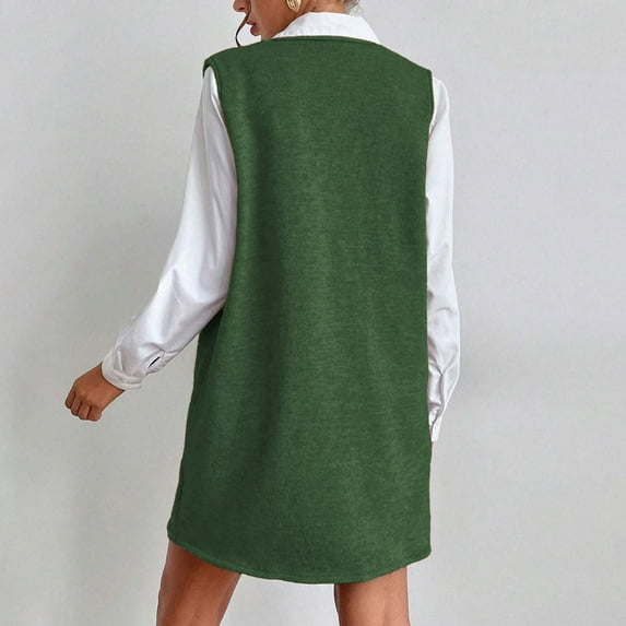 Sweater Vest Dresses for Women Knitted V Neck Tank Top Short Mini Dress with 2 Pockets Fall Trendy Casual Outfits (L, Green)