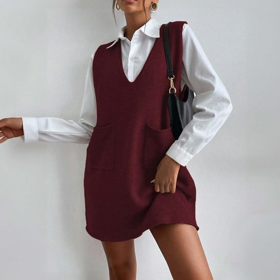Sweater Vest Dresses for Women Knitted V Neck Tank Top Short Mini Dress with 2 Pockets Fall Trendy Casual Outfits (L, Wine)