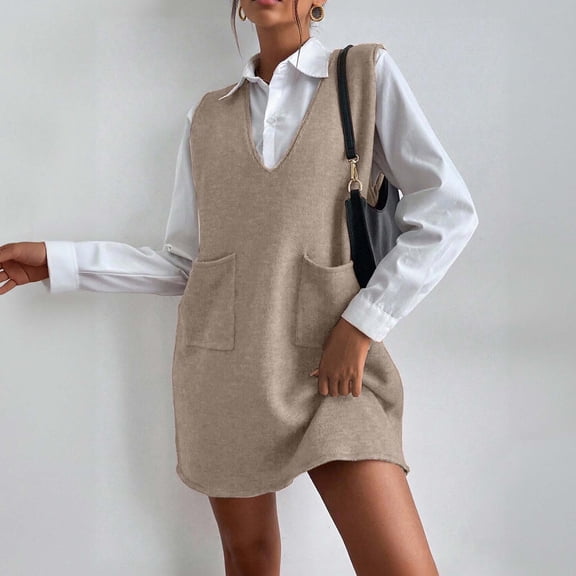 Sweater Vest Dresses for Women Knitted V Neck Tank Top Short Mini Dress with 2 Pockets Fall Trendy Casual Outfits (M, Khaki)