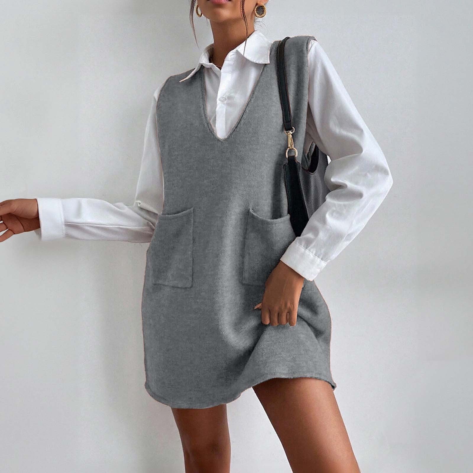 AKOEE Sweater Vest Dresses for Women Knitted V Neck Tank Top Short Mini Dress with 2 Pockets Fall Trendy Casual Outfits (S, Gray), Women's, Size: