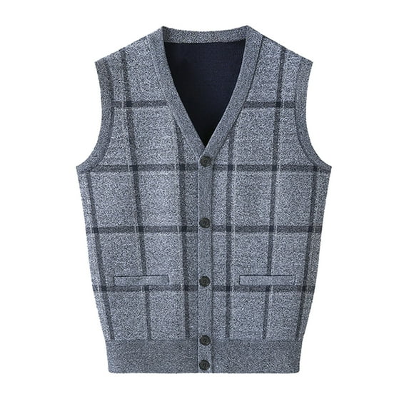 Sweater Vest For Men Fashion V Neck Sleeveless Knit Fleece Button Down Plaid Mens Indoor Clothing,Grey,2XL