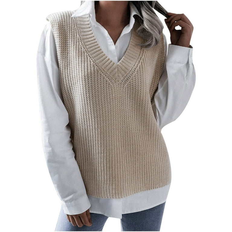Sweater Vest For Women Fashion Women Casual V-Neck Hollow Knitted Vest  Sweater Vest Beige L