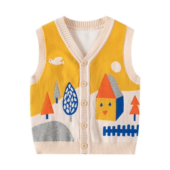 Sweater Vest Girls for 4t Peasant Print Sleeveless Button down Knitter Cardigan Vests Kids Cute Fall Clothes, Beige, 3 Years