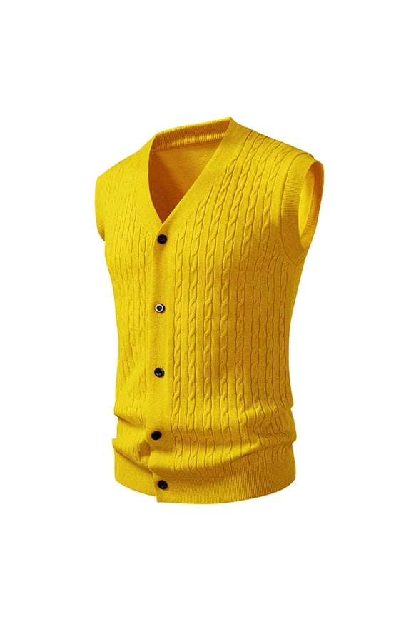 Sweater Vest Men Button Down V Neck Slim Fit Business Casual Streetwear Breathable Sleeveless Knitted Sweaters Vest Yellow M