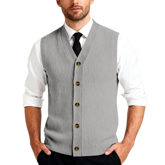 Sweater Vest Men Dressy V Neck Button Down Plus Size Cardigan Business Casual Ribbed Knit Sleeveless Vests Gray L