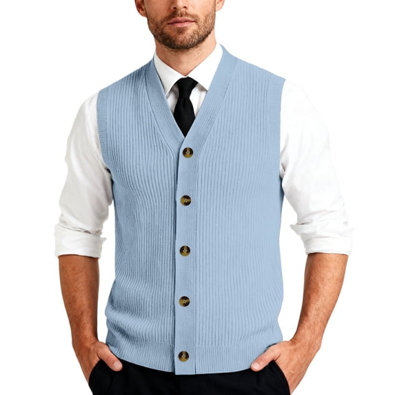 Sweater Vest Men Dressy V Neck Button Down Plus Size Cardigan Business Casual Ribbed Knit Sleeveless Vests Light Blue L