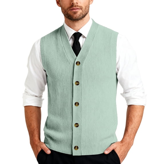 Sweater Vest Men Dressy V Neck Button Down Plus Size Cardigan Business Casual Ribbed Knit Sleeveless Vests Light Green S