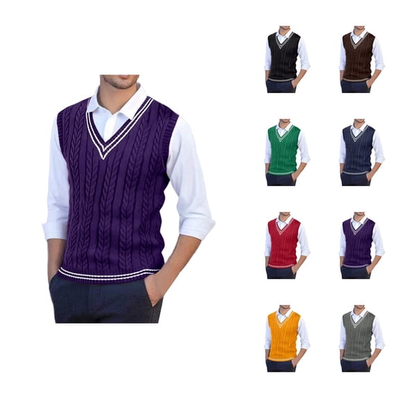 Sweater Vest Men Fall Winter Casual Sleeveless V Neck Cable Knit Pullover Sweater Preppy College Style Knit Vest