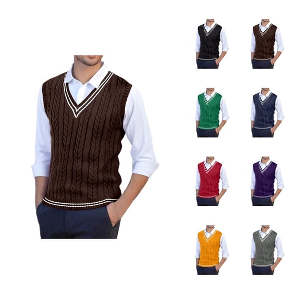 Sweater Vest Men Fall Winter Casual Sleeveless V Neck Cable Knit Pullover Sweater Preppy College Style Knit Vest