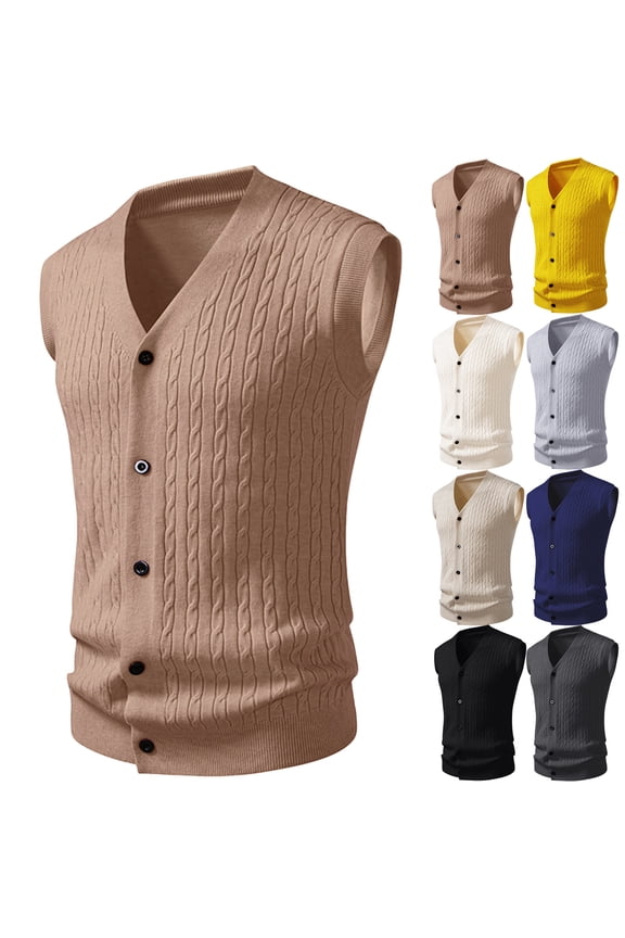 Sweater Vest Men Sleeveless V-Neck Casual Cable Knit Button Down Cardigan Men's Lightweight Cable Knit Sweater Vest Beige M