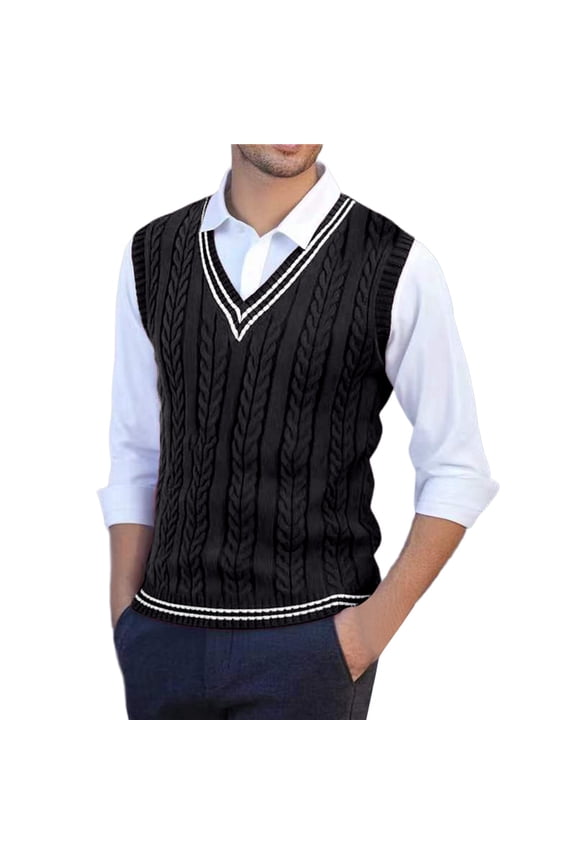 Sweater Vest Men V Neck Casual Sleeveless Pullover Striped Cable Knit Business Casual Tops Fall Winter College Style Sweaters Black L