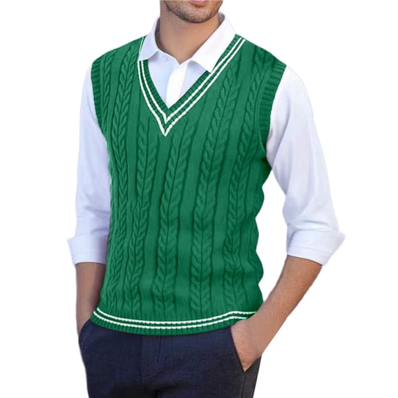 Sweater Vest Men V Neck Casual Sleeveless Pullover Striped Cable Knit Business Casual Tops Fall Winter College Style Sweaters Green M