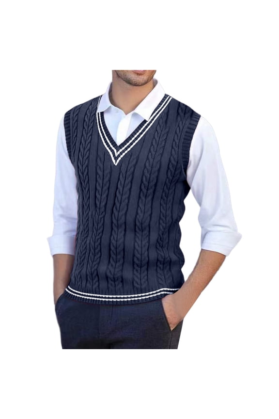 Sweater Vest Men V Neck Casual Sleeveless Pullover Striped Cable Knit Business Casual Tops Fall Winter College Style Sweaters Navy L