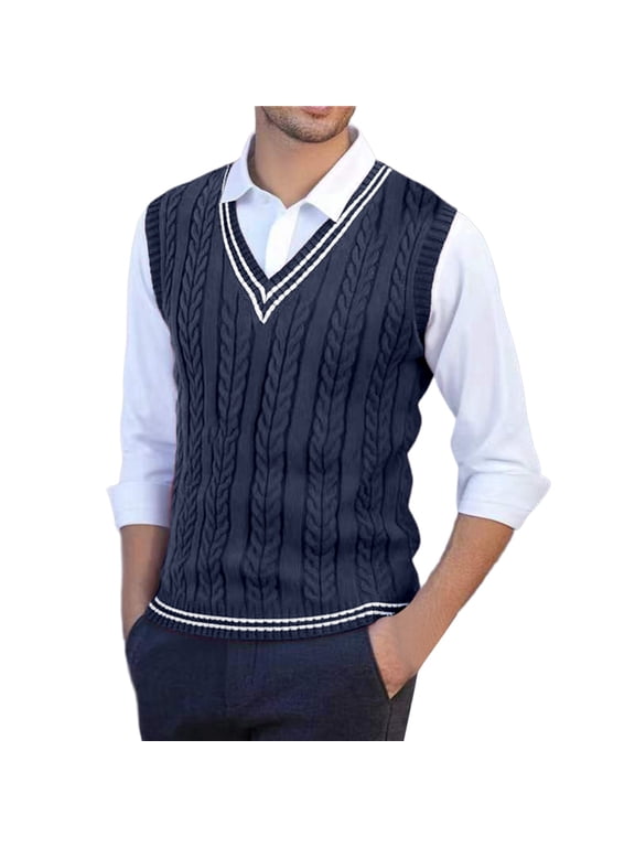 Sweater Vest Men V Neck Casual Sleeveless Pullover Striped Cable Knit Business Casual Tops Fall Winter College Style Sweaters Navy M