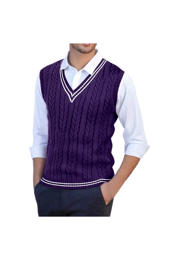 Sweater Vest Men V Neck Casual Sleeveless Pullover Striped Cable Knit Business Casual Tops Fall Winter College Style Sweaters Purple M