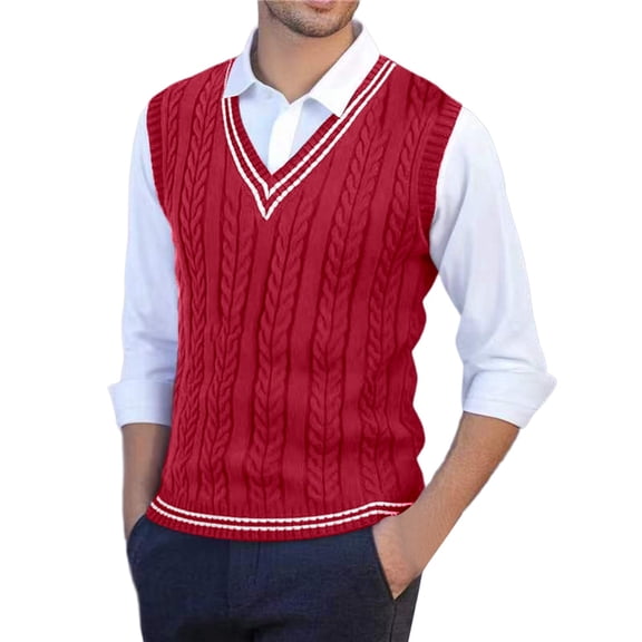 Sweater Vest Men V Neck Casual Sleeveless Pullover Striped Cable Knit Business Casual Tops Fall Winter College Style Sweaters Red L