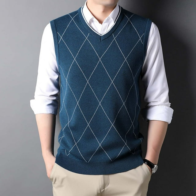 Sweater Vest Mens Fashion Casual Jacquard V Neck Bottomed Plaid Shirt