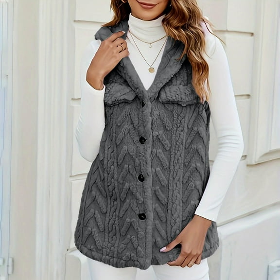 Sweater Vest Women Cardigan Top Vest With Hood 2025 Winter Fleece Button Up Long Vest Jackets Warm Lightweight Fall Outerwear Fall Vest Gray XXL