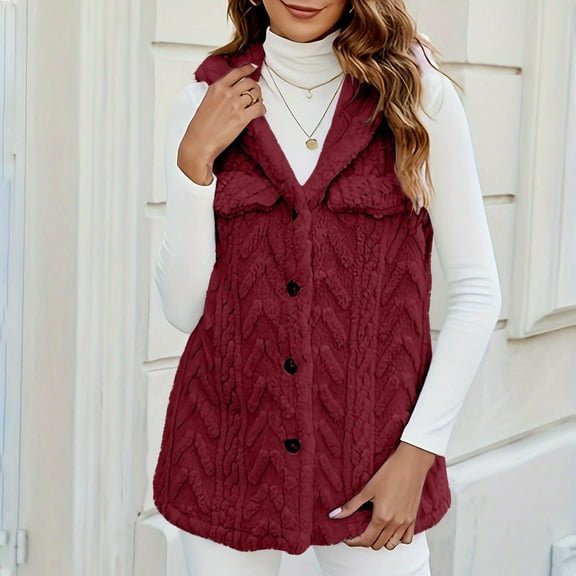Sweater Vest Women Cardigan Top Vest With Hood 2025 Winter Fleece Button Up Long Vest Jackets Warm Lightweight Fall Outerwear Fall Vest Red L