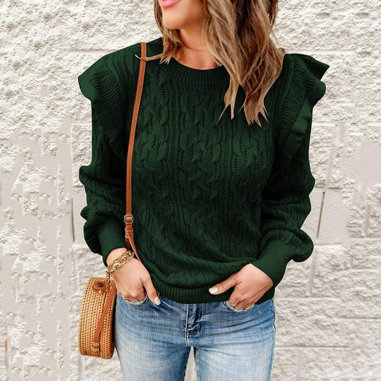 Sweater Vest Women Casual Sweater Crewneck Ruffle Shoulder Long Sleeve Cable Knit Solid Loose Ribbed Hem Pullover Jumper Top Sweaters For Women Fall Green Walmart