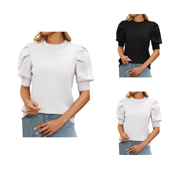 Sweater Vest for Women Edgy Design with a One Shoulder Detail Casual Women's Short Sleeve Sweater With Round Neck And Puff Sleeves Solid Color Knit Top