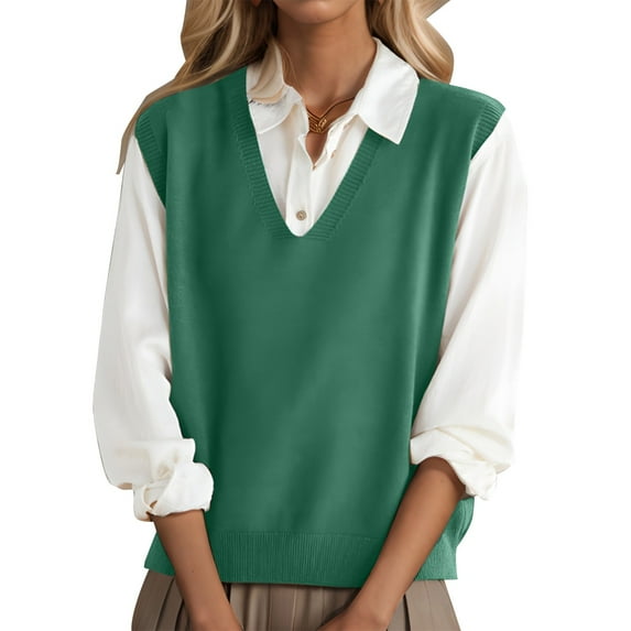 Sweater Vest for Women Fashionable Sleeveless V Neck Pullover Knitted Tops 2026 Fall Spring Outfits Solid Color Waistcoat Temperament Casual Sweater Dark Green S