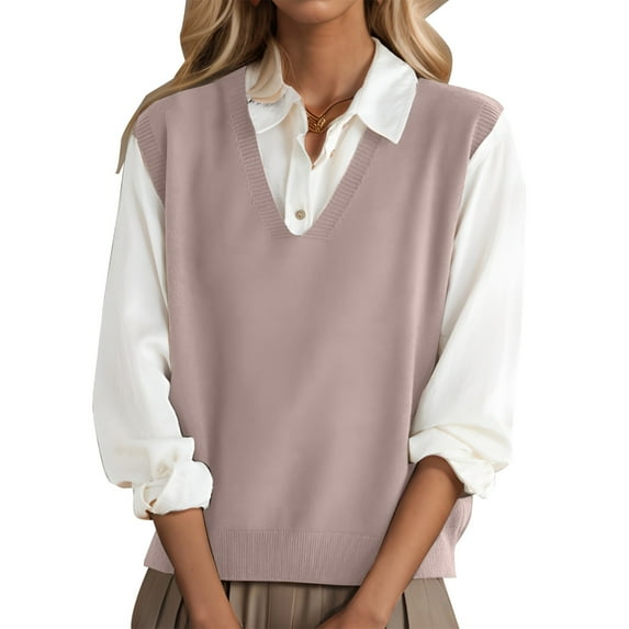 Sweater Vest for Women Fashionable Sleeveless V Neck Pullover Knitted Tops 2026 Fall Spring Outfits Solid Color Waistcoat Temperament Casual Sweater Pink 2XL