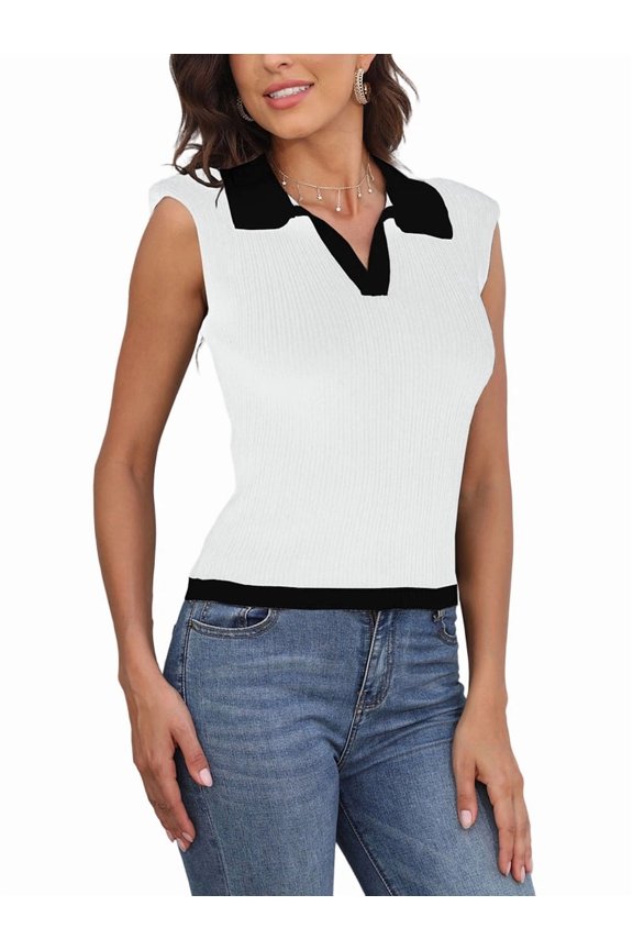 Sweater Vest Women Knit Sleeveless Crop Top Trendy Clothing Pol-O Neck Contrasting Binding Knit Top White S