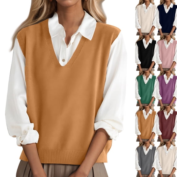 Sweater Vest Women Lightweight Sleeveless V Neck Sweaters Relaxed Fit Knitted Pull Over Sweater Vest Tops,Ginger L